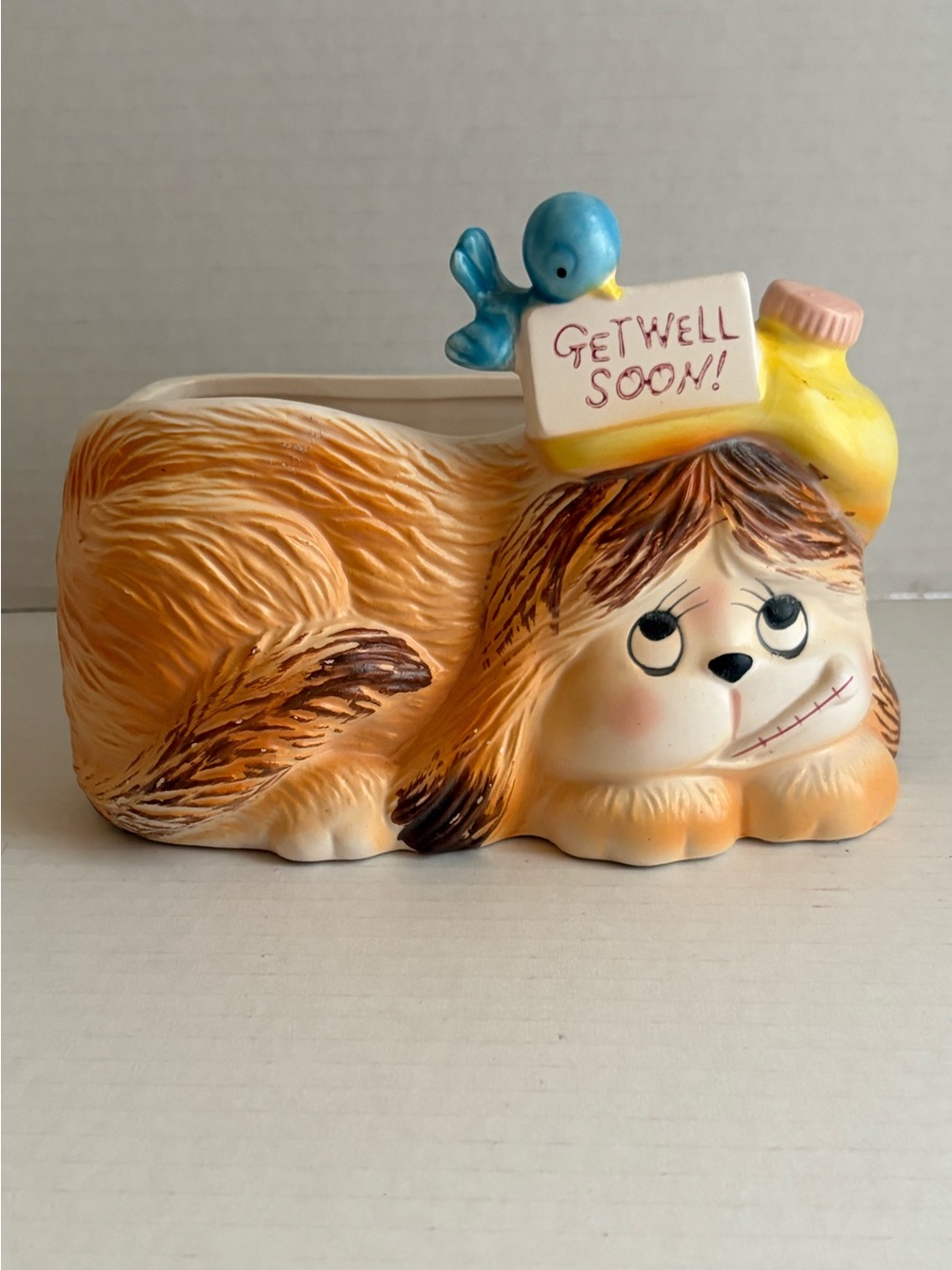 Vintage Cute Ceramic Puppy Planter with "Get Well Soon" Sign